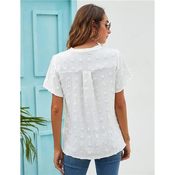 Womens White Chiffon Blouses Short Sleeve V Neck Shirts Summer Casual Polka Dot - Picture 2 of 6